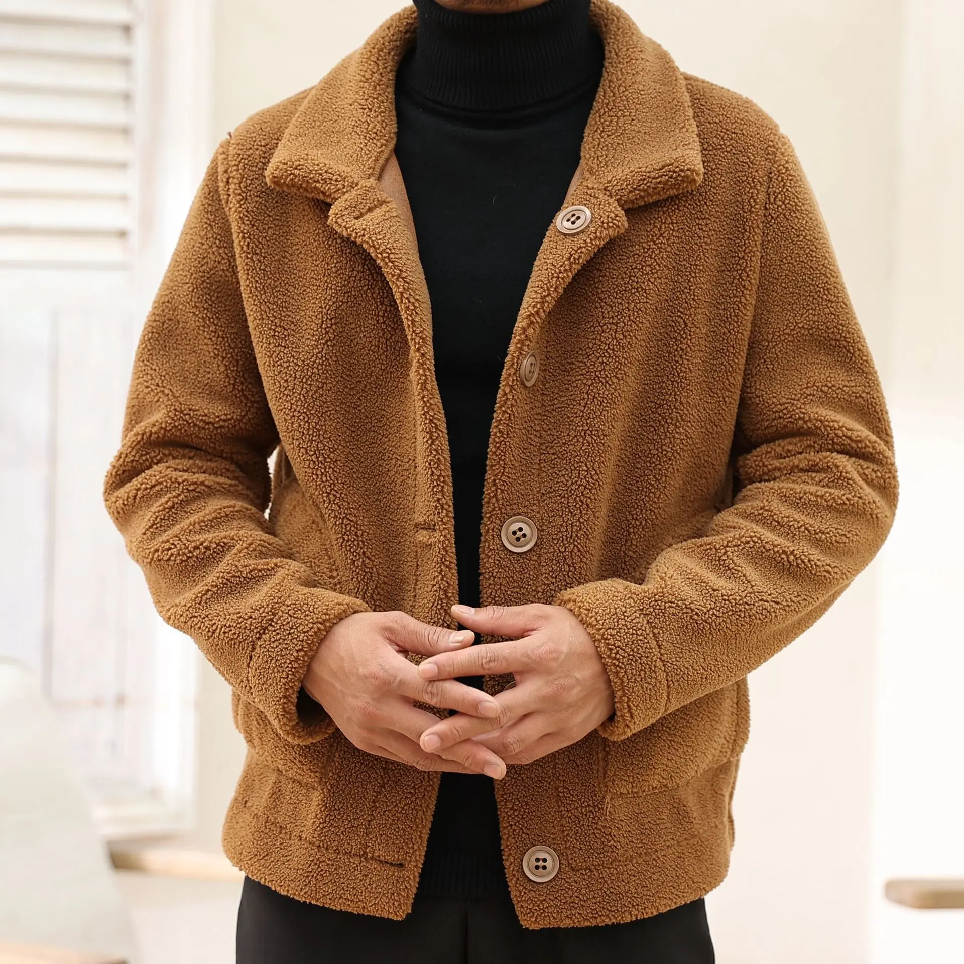 

The new fur one leather jacket sheep shearing lapel casual Korean version of the grain cashmere lamb wool men's jacket
