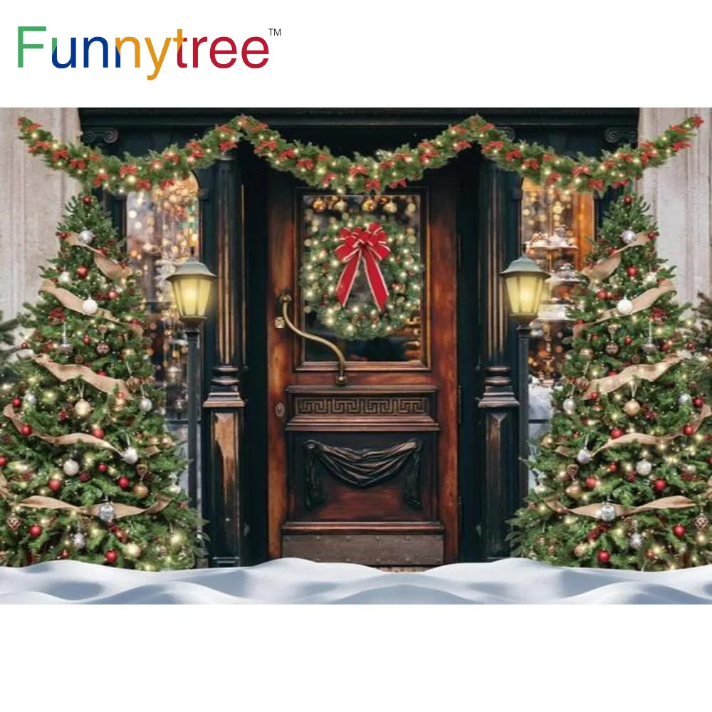 

Funnytree Christmas Party New Year Background Lights Red Knot Wreath Door Decoration Banner Trees Snow Photocall Backdrop