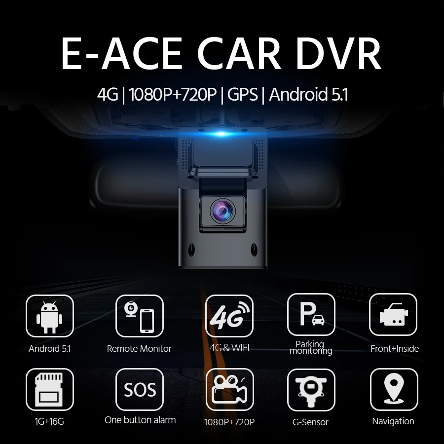 E ACE D12 4G Android автомобильный видеорегистратор WiFi GPS отслеживание двойной объектив