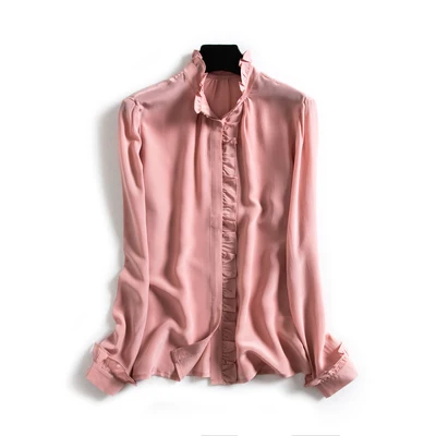 PINK CS1940 Рубашка из чистого шелка в винтажном стиле для женщин, шелк тутового цвета, длинный рукав, воротник-стойка, Базовый Топ M, L, XL, XXL - Цвет: PINK CS1940
