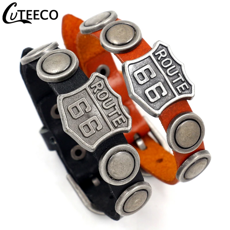 

New Design Route 66 Sign Punk Leather Bracelet Men Cuff Bracelets & Bangles Wristband Vintage Fashion Jewelry