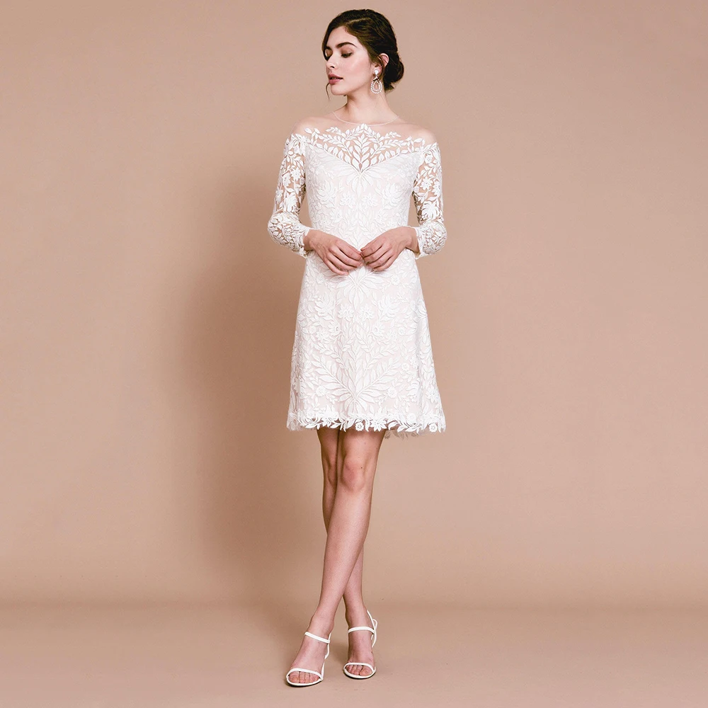 

Simple Rustic Weddings Short Bridal Gown For Bride Delicate Long Sleeve O Neck A Line Button Back Wedding Dress New Arrival