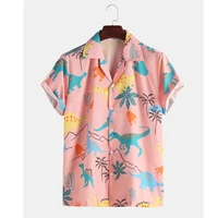 2021 fashion hawaiian shirt mens funny style dinosaur cartoon printed short sleeve pink shirts men korean clothes free shipping
