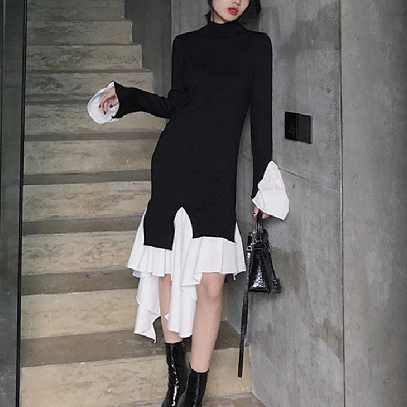 

ALIEN KITTY 2020 Autum Vintage Elegant Women Dress Stitching Irregular Knitted Solid Female Slim High Waist Party Office Lady