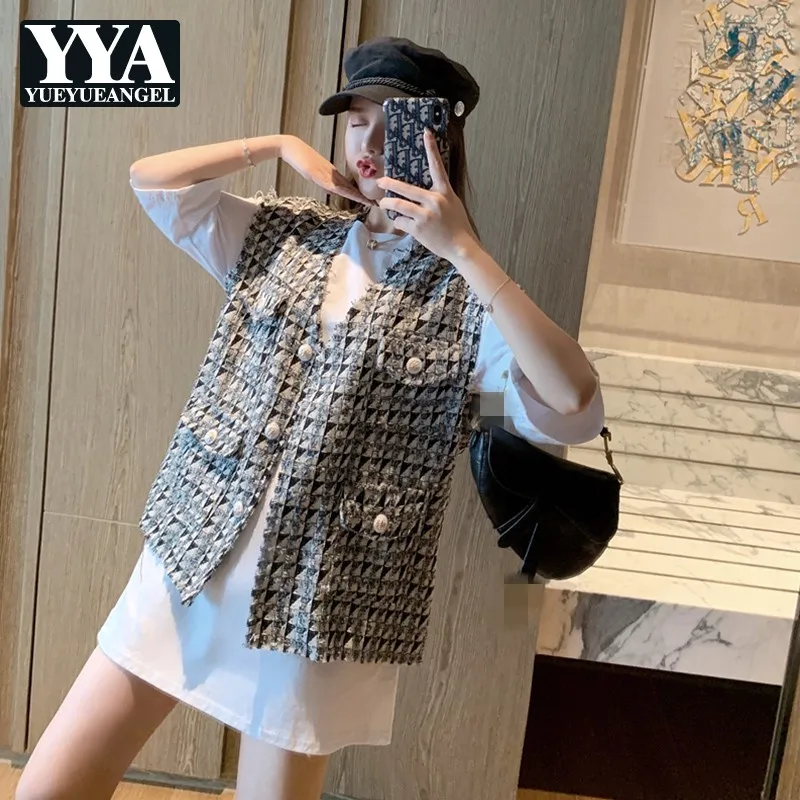 Женский жилет с узором ромбиками однобортный Тонкий твидовый Свободный без