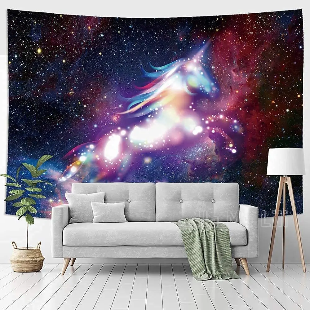 Tapiz de unicornio de galaxia, arte de pared estrellado colgante, arte de pared bohemio de poli&eacute;ster-0