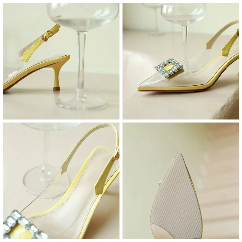 

ASILETO 2021 Clear Shiny Pumps Pointed Toe Rhinestone Back Strap Crystal Slingbacks 5.5cm Spool Heel US11 White Yellow A4311