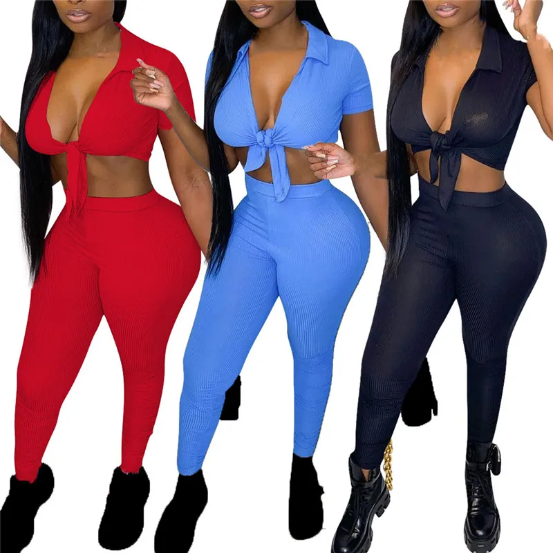 

WUHE в рубчик с спортивные Фитнес 2 шт наборы для ухода за кожей выдалбливают короткий рукав с v-образным вырезом на шнуровке Топ и узкие брюки-...