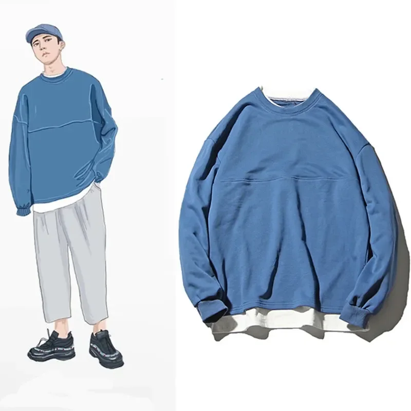 

HongKongwind early autumn new fake two INS Korean loose-fitting hoodie BF original sufeng male trend student round collar jacket