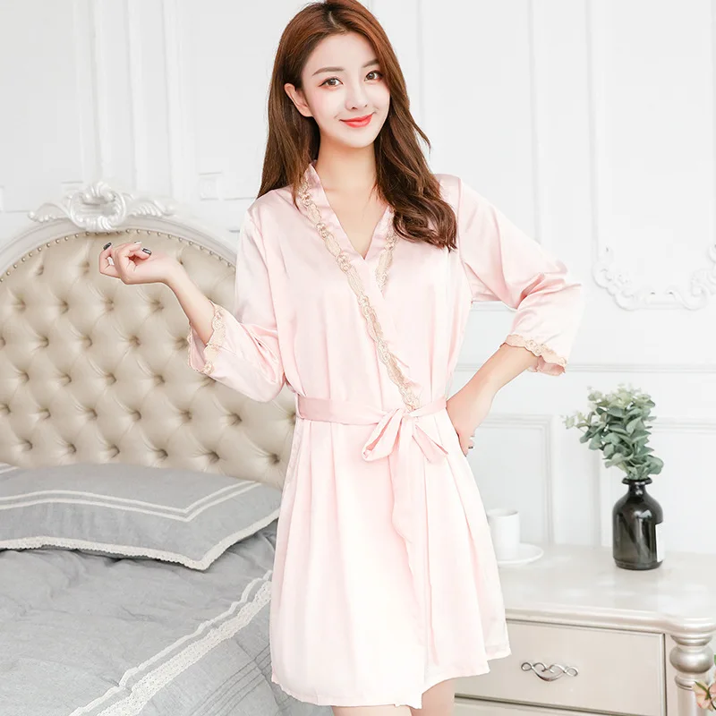 Женский сексуальный шелковый атласный халат-кимоно банный халат до колена