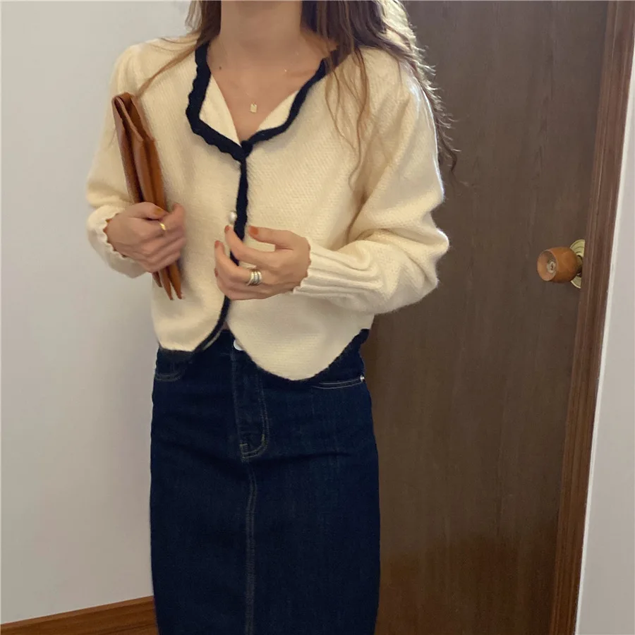 

Elegant Long Sleeve Sweater Women Single-breasted Preppy Style Female Puff Sleeve Short Cardigan Soft Knitted Sweater