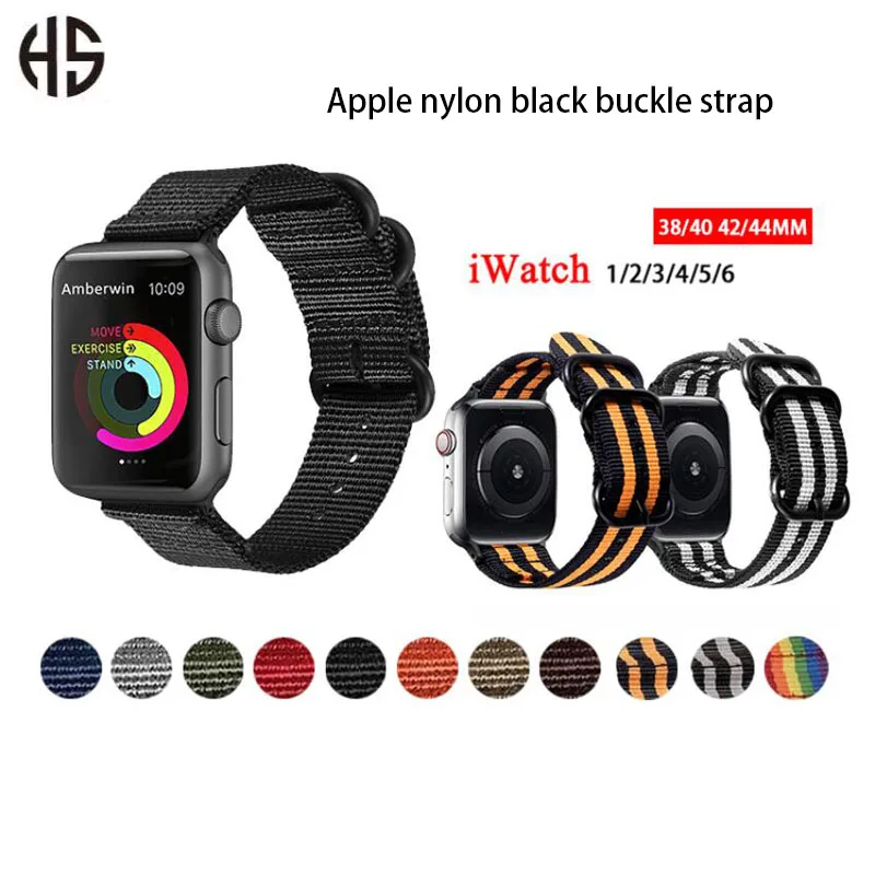 

Для Apple Watch Band iWatch 1 2 3 4 5 6 SE, нейлоновый холщовый вязаный черный ремешок с пряжкой, быстросъемный модный