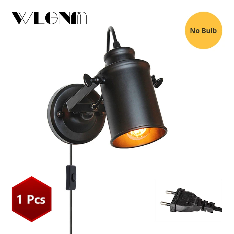 Black 1Pcs EU Plug Винтажный настенный светильник, промышленный настенный светильник, штекер с кнопочным выключателем, настенный светильник в стиле ретро, светильник для спальни, гостиной, прохода - Цвет абажура: Black 1Pcs EU Plug