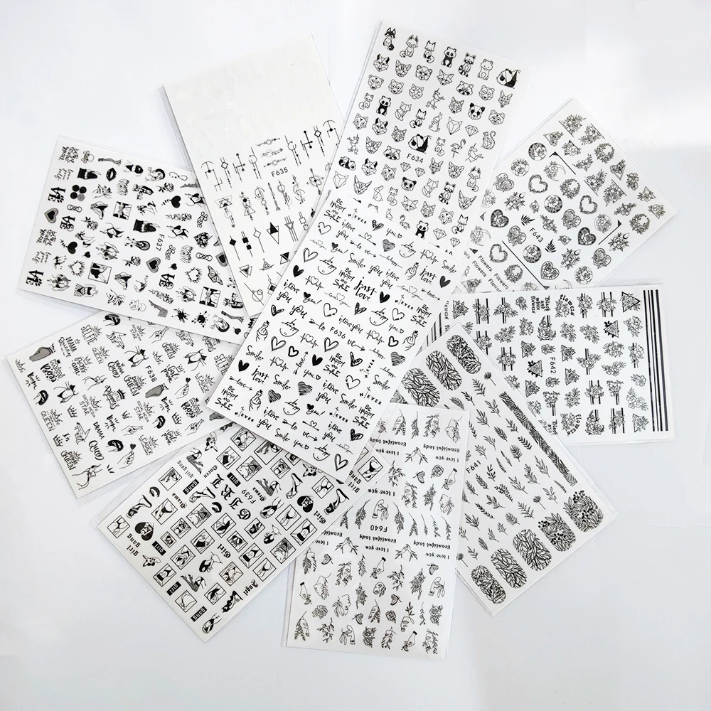 

10 шт./лот 3D наклейка для ногтей черные белые геометрические узоры Слайдеры для ногтей Фольга наклейки для ногтевого дизайна украшения аксессуары для маникюра