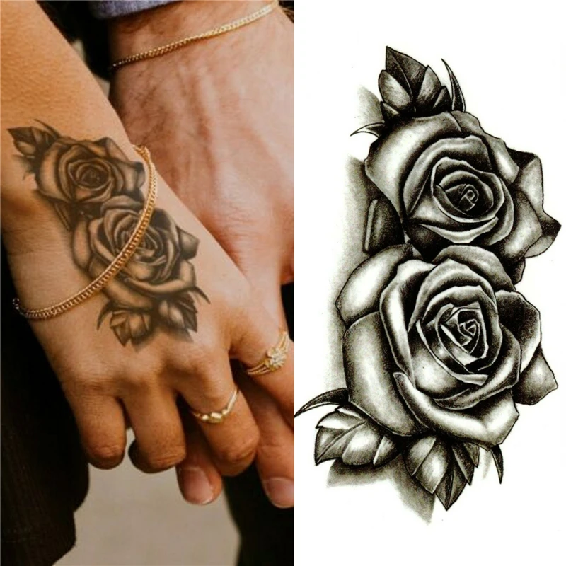 Temporary Tattoo Sticker Fashion Waterproof Black Double Rose Flowers Tattoos Fake Body Art Water Transfer | Красота и здоровье