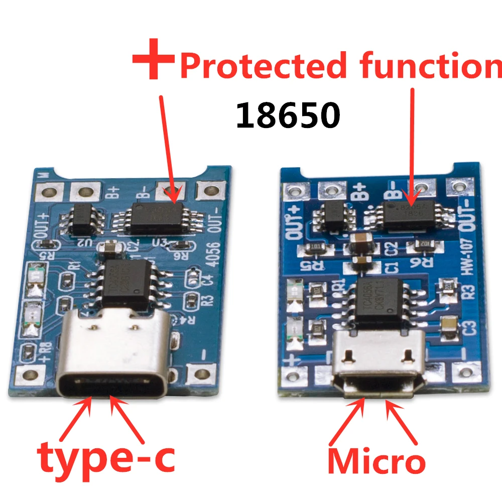1PCS 5V 1A Micro USB 18650 type-c Lithium Battery Charging Board Charger Module + Protection Dual Functions TP4056 | Электроника