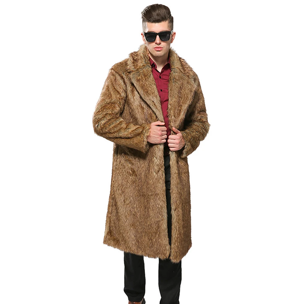 Мужская длинная парка с искусственным мехом теплая куртка из искусственной кожи