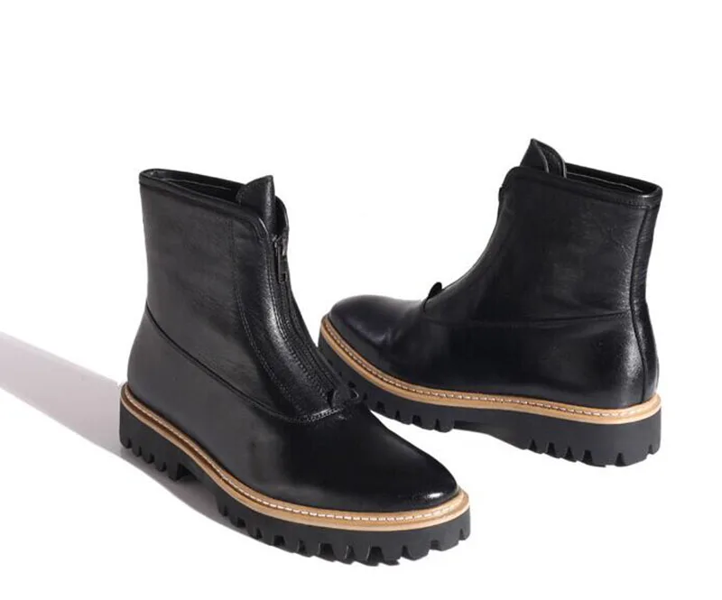 Full Grain Leather Autumn Black Ankle Mens Patent Boots Shoes Zipper Genuine Real High Quality Sole Platform Thick Soled