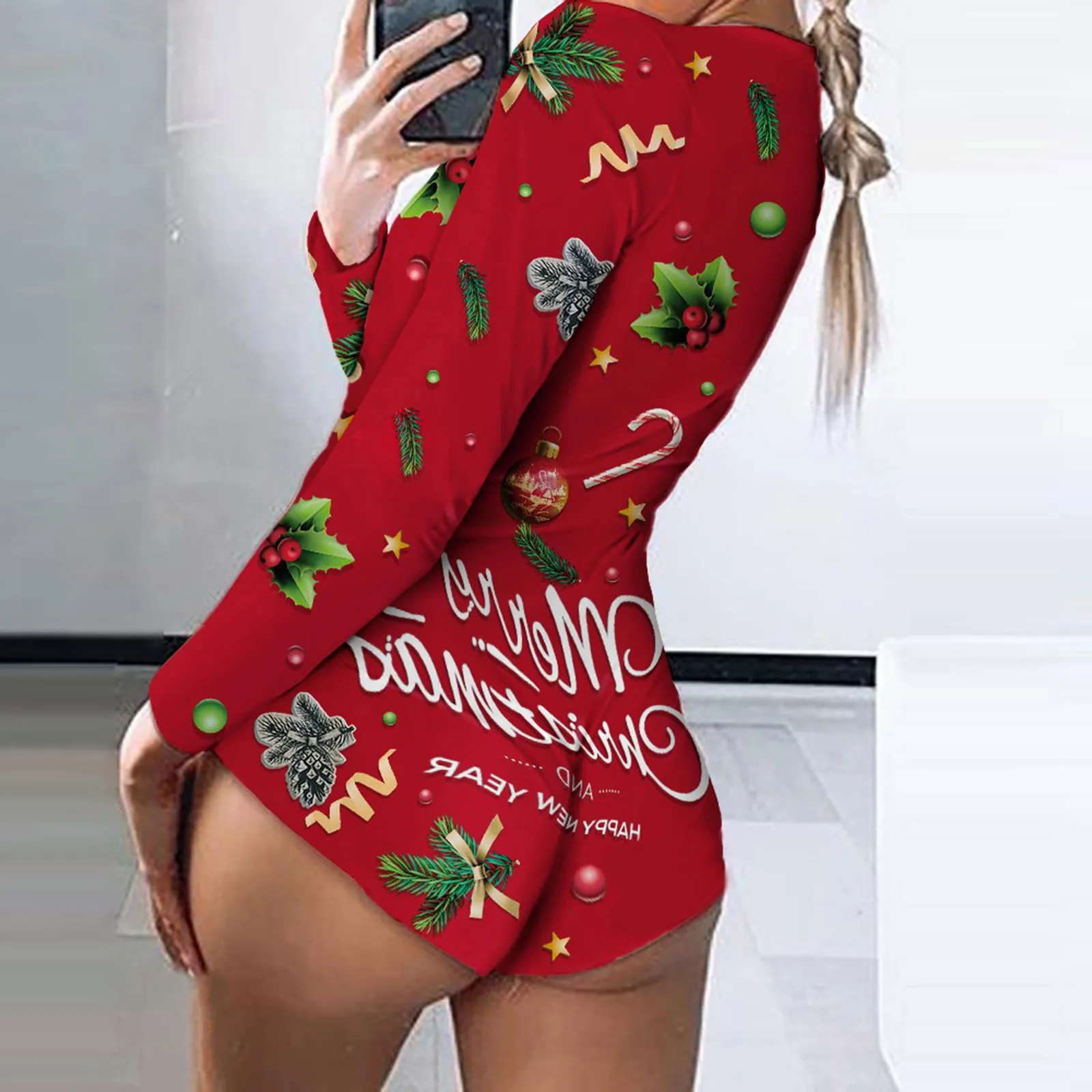 

Сексуальный женский комбинезон с принтом с длинными рукавами, Рождественское украшение, Глубокий V-образный вырез, облегающий, эластичный к...