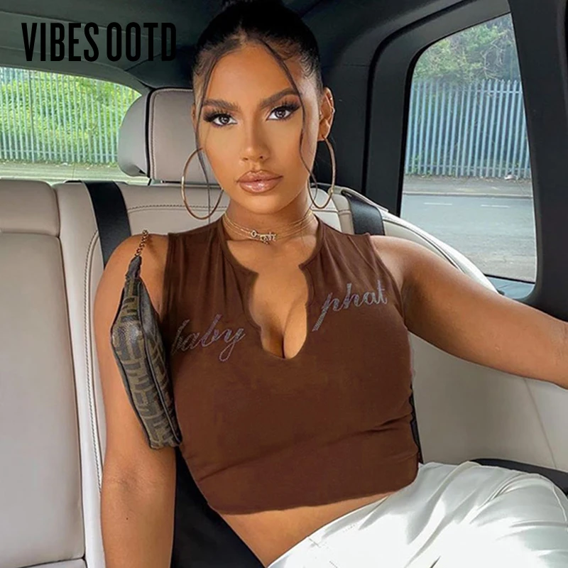 

VIBESOOTD Diamond Letters 2021 Summer Crop Tops Sleeveless Sexy Top Tees Slim Short V-Neck Cropped Tops Female Chic Streetwear