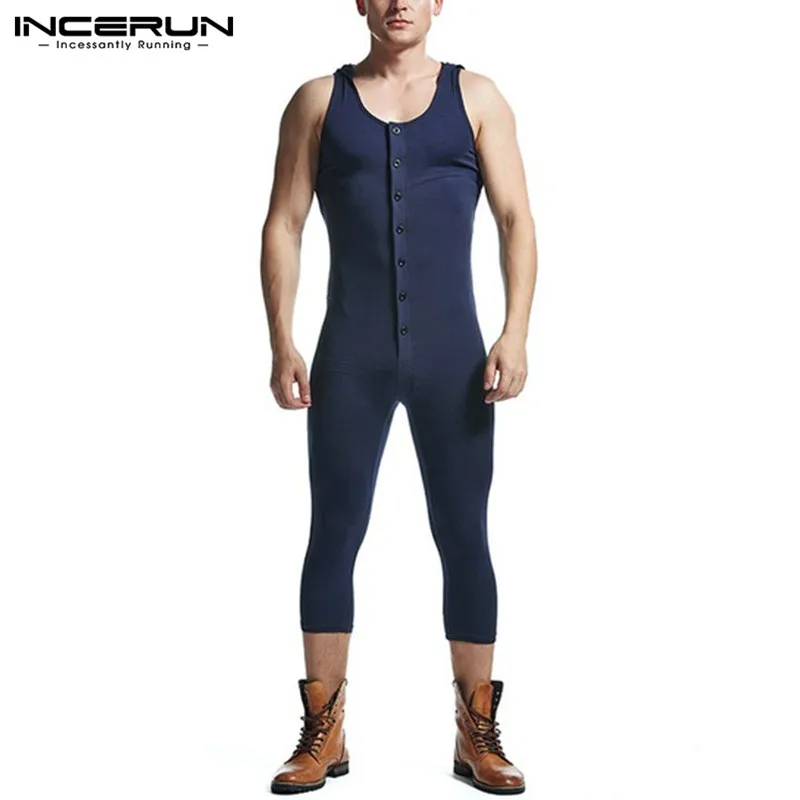 

Fitness Sleeveless Onesies Men Solid Color Jumpsuit Pajamas Man Hooded Sexy Sleepwear Comfy Button Bodysuit Homewear INCERUN 5XL