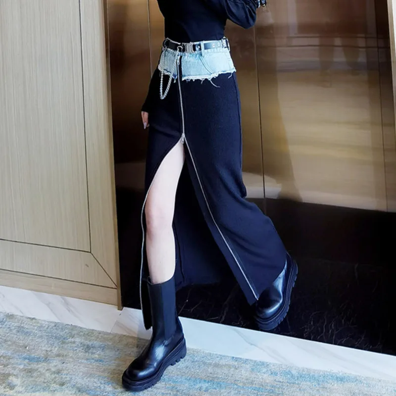 

2020 new autumn and winter high waist denim contrast colors zipper straight longe halfbody skirt female clothes C199