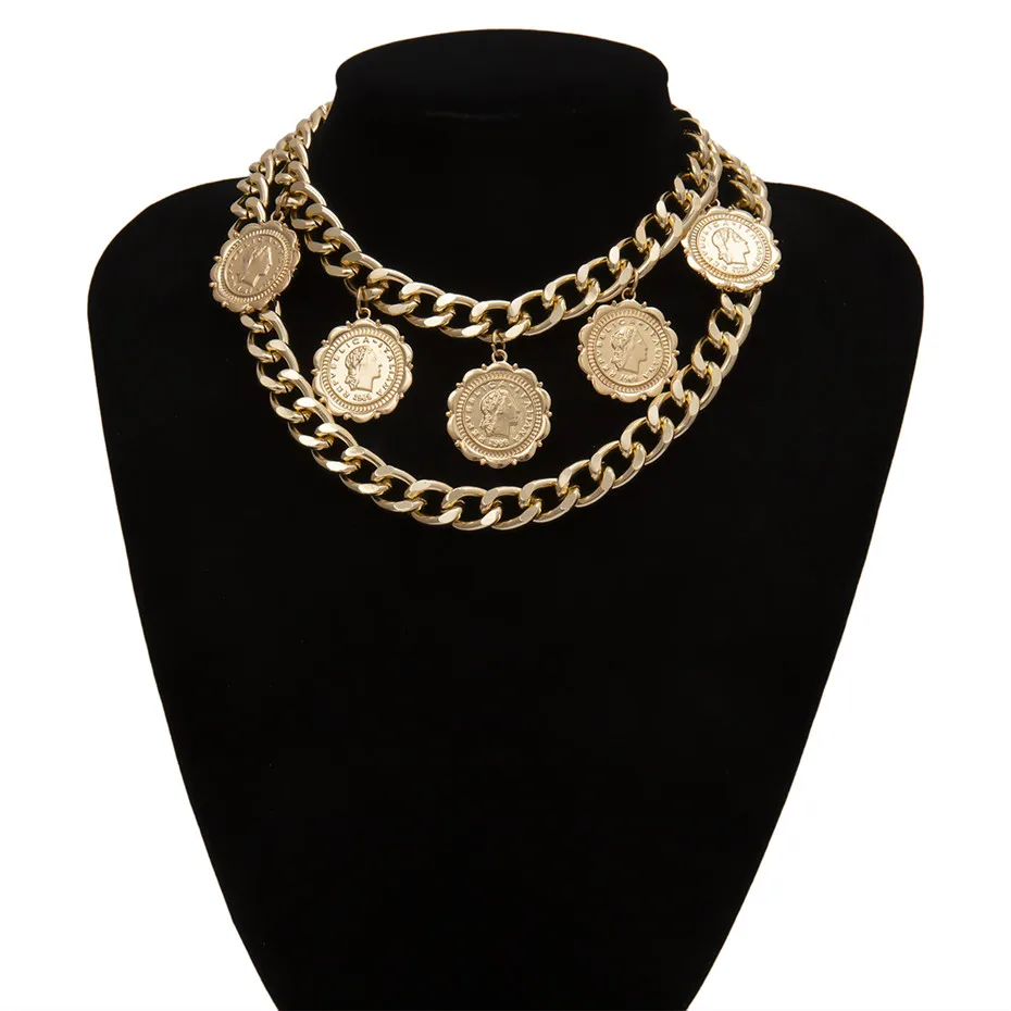 Gold Color Крупное панк кубинское массивное ожерелье с цепочкой, Европейский и американский стиль, ожерелье с кулоном в виде королевы монет, женское ювелирное изделие - Окраска металла: Gold Color