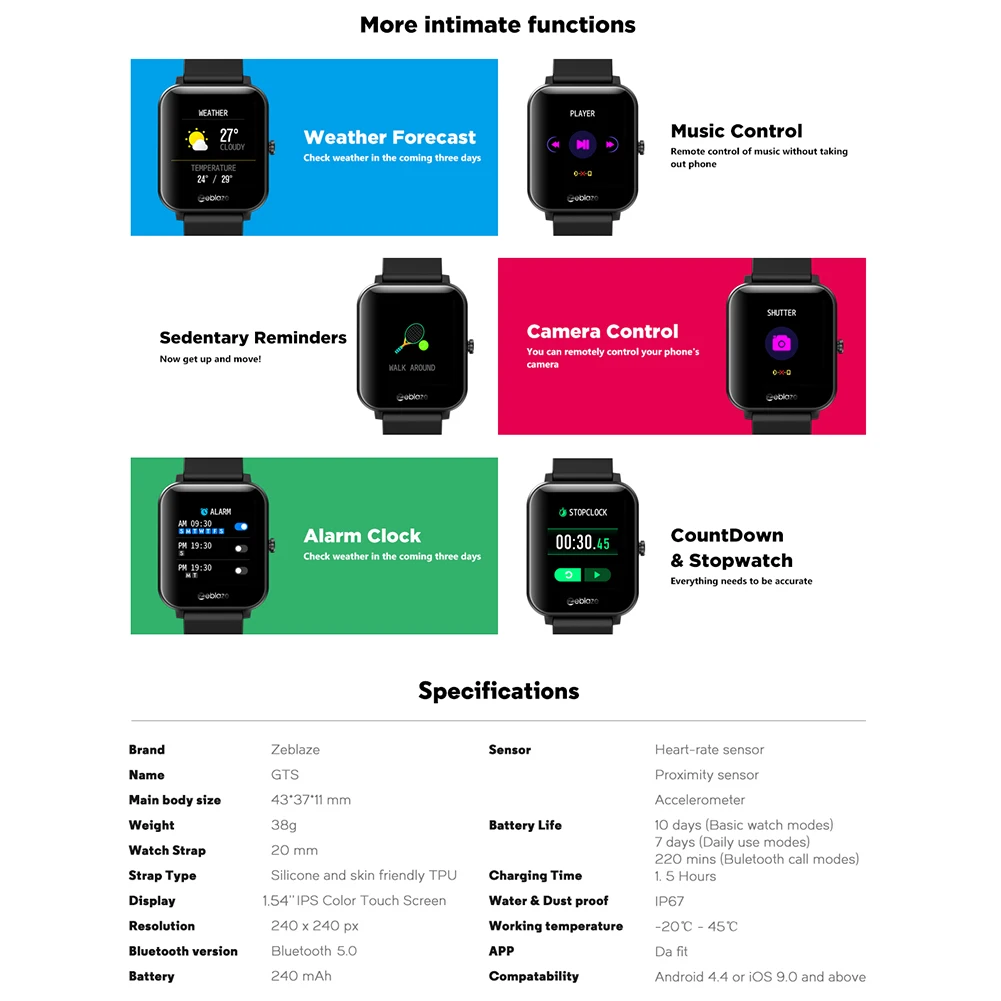 

Zeblaze GTS IP67 Smart Bracelet Reminder Heart Rate Fitness Watch 1.54 inch Fitness Tracker Remote Pictures Sports Watch