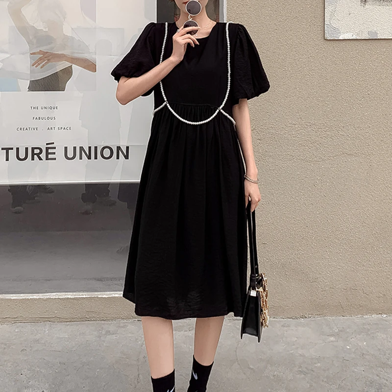 

2021 Summer Fashion Women Beading Design Black Cotton Dresses O- Neck Puff Sleeve Street leisure Lady Knee-Length Loose Dress