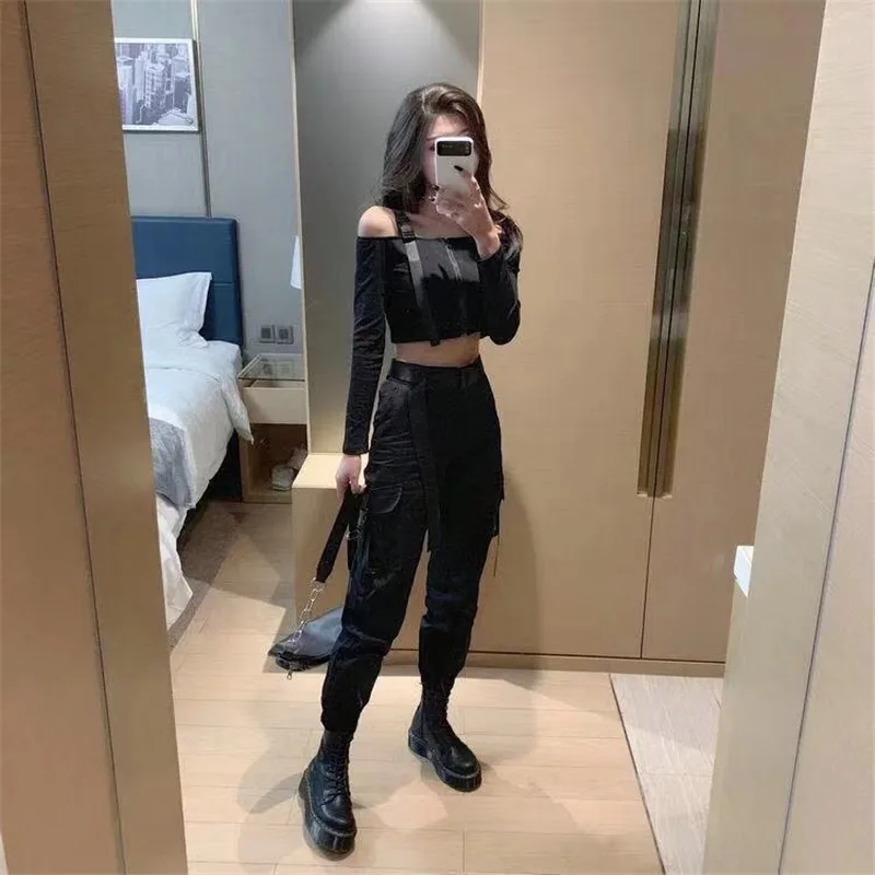Женские брюки-карго с завышенной талией черные повседневные свободные