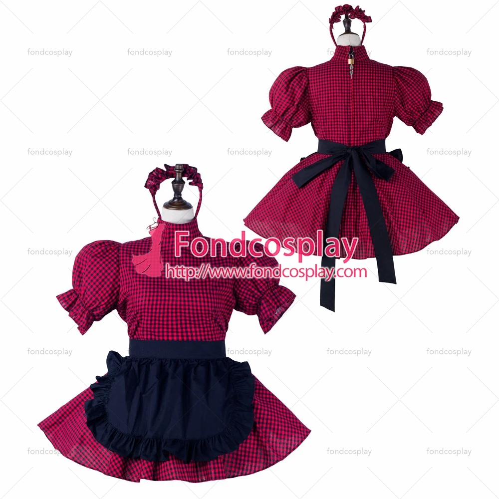 

fondcosplay adult sexy cross dressing sissy maid short red cotton dress lockable Uniform black apron costume Tailor-made[G2233]