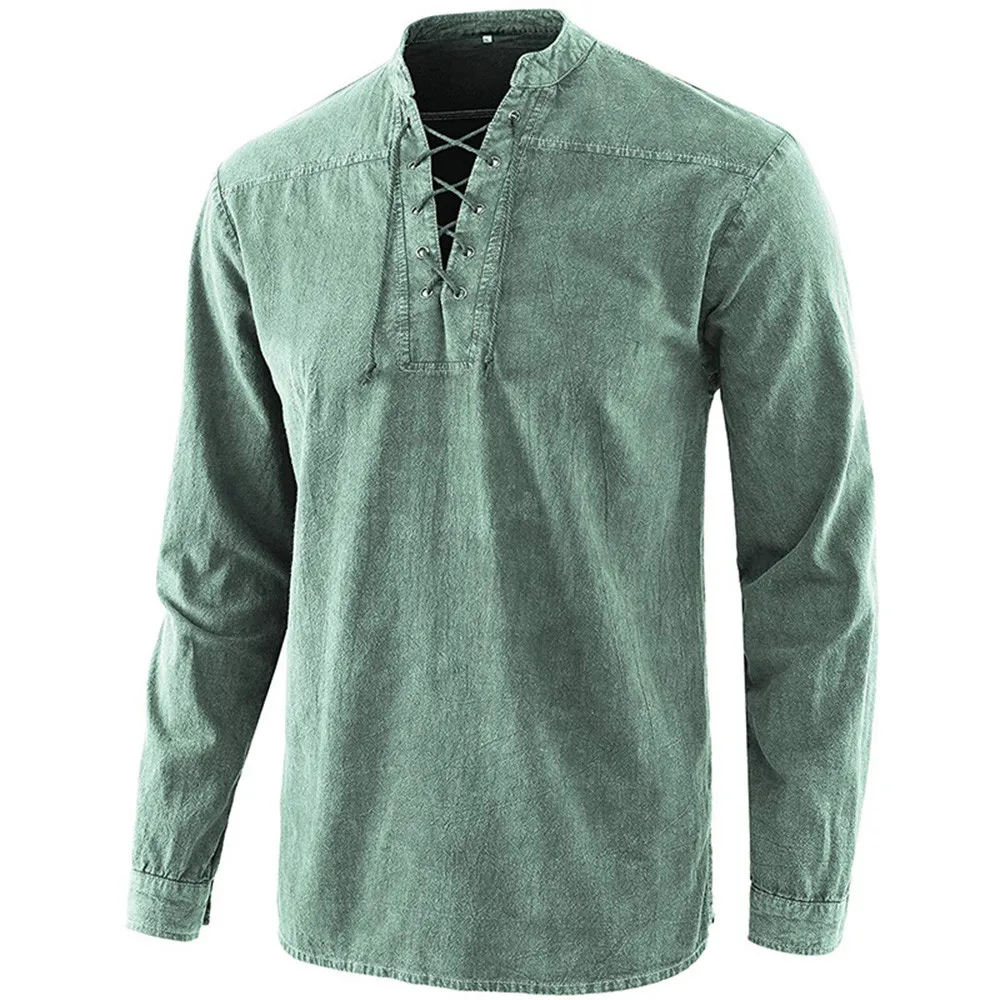 

2021 Hot Sale Man Retro Medieval Long Sleeve T-shirt Man V-Neck Medieval Tops Cosplay Costume Nordic Bandage Lace Up Punk Shirt