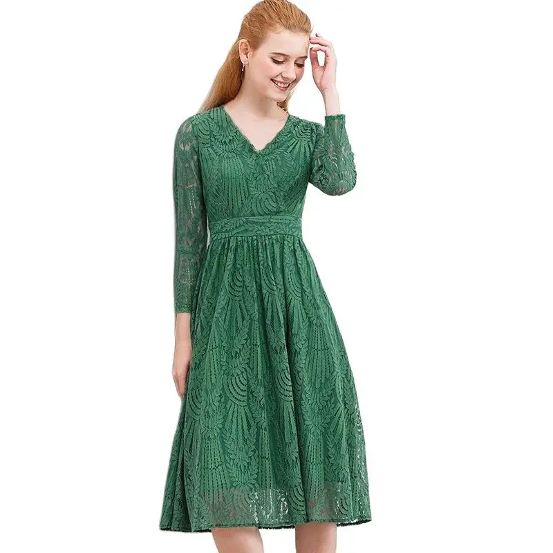 Женское ажурное платье с принтом зеленых листьев Повседневное до колена