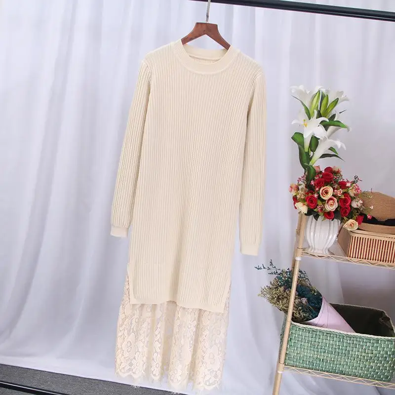 Женское прямое трикотажное платье длинное пуловер с кружевной вышивкой в