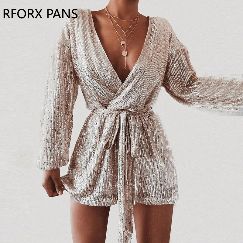 

Plunge Sequins Knotted Rompers