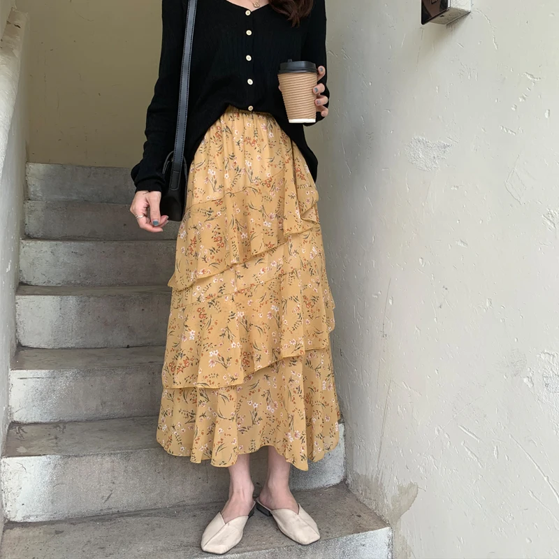 

HziriP 2021 New Cake Skirts For Women Floral Chiffon Elegant High Waist A-Line All Match Casual Irregular Female Office Lady