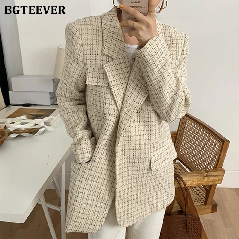 BGTEEVER винтажный шикарный клетчатый костюм куртки женские элегантные с зубчатым