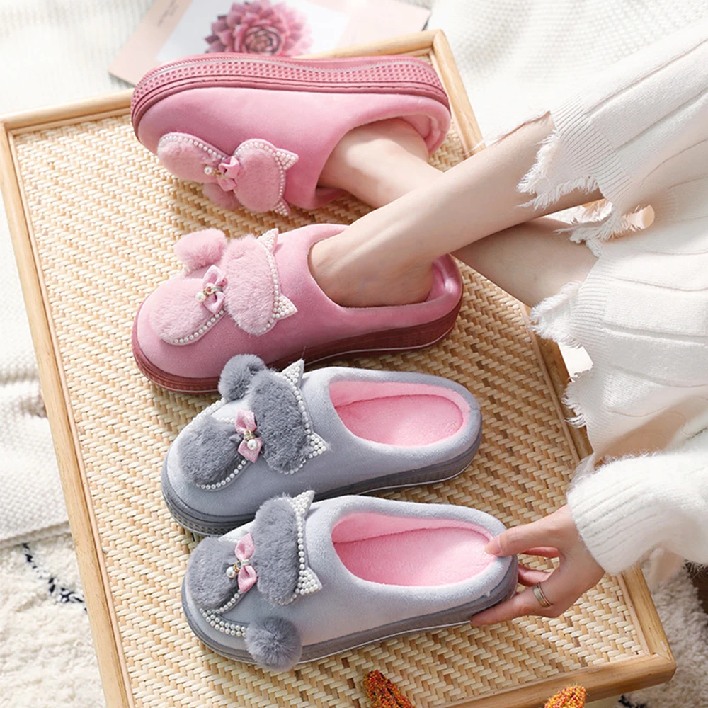 

New Winter Slippers Cute Cartoon Cat Women Warm Plush Woman Slip On Flat Female Soft Shoes Ladies Comfortale House Shoe 2021