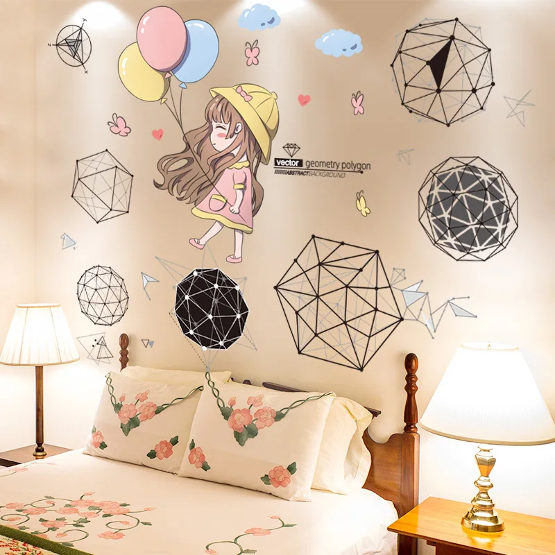 

[shijuekongjian] Cartoon Girl Balloons Wall Stickers DIY Geometric Patterns Mural Decals for Kids Rooms Baby Bedroom Decoration