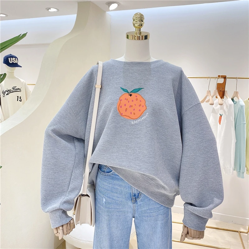 

Cute Women Graphic Loose Pullover Sweatshirts Long Sleeve Crew Neck Embroideried Leisure Tops Gray for Students