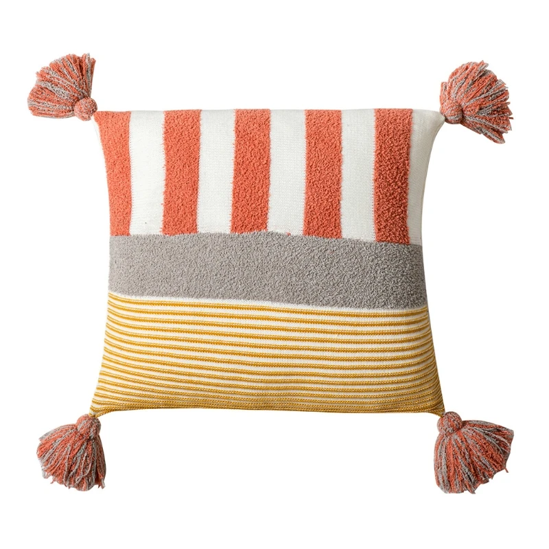 

Nordic Style Tassels Accent Boho Throw Pillow Case Multicolor Patchwork Woven Tufted Striped Morocco Sofa Decorative Cover