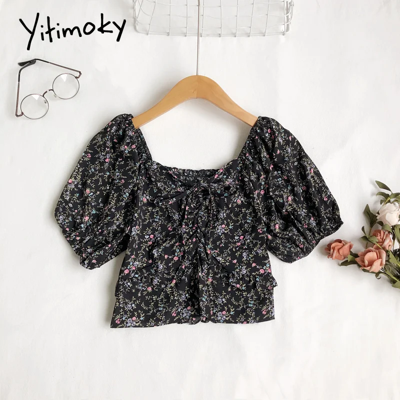 

Женский шифоновый топ Yitimoky, винтажная блузка с коротким рукавом, V-образным вырезом и буффами, в Корейском стиле, повседневная черная, лето ...