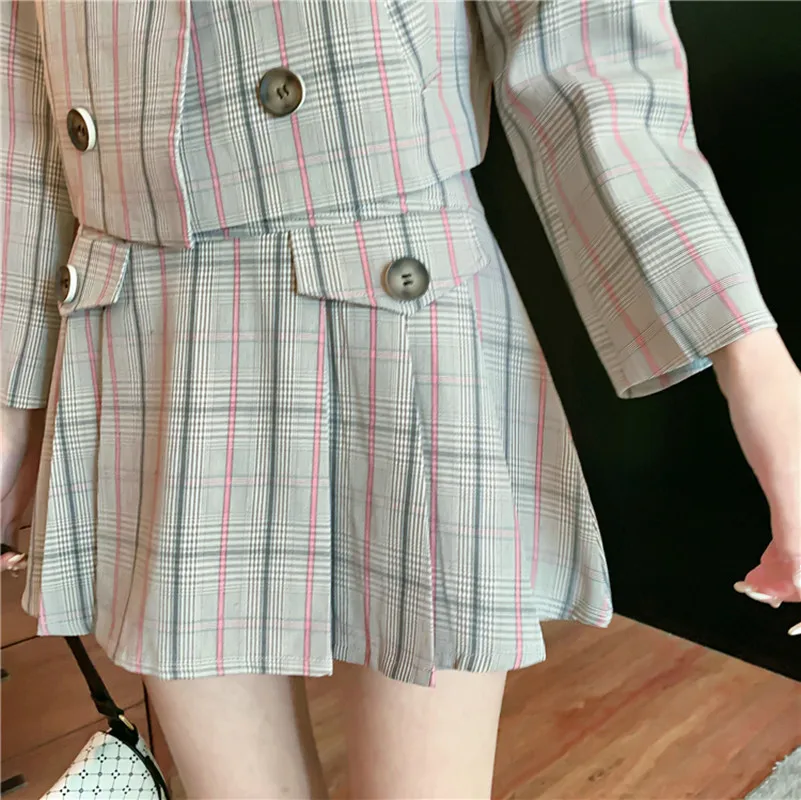 

Korea Women Short Check Gingham Plaid Blazer And High Waist Pleated Mini Short Skirts Set Long Sleeve Suits 2 Pieces Set