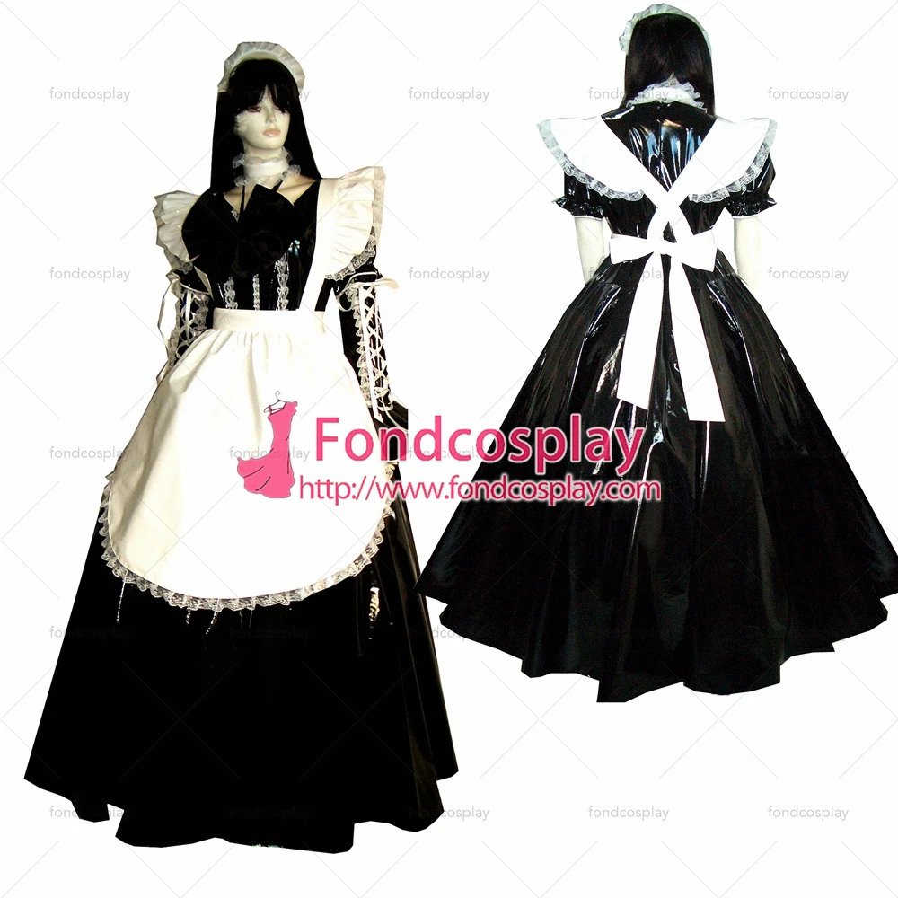 

fondcosplay adult sexy cross dressing sissy maid long Black thin Pvc Dress Lockable Uniform white apron Tailor-made[G314]