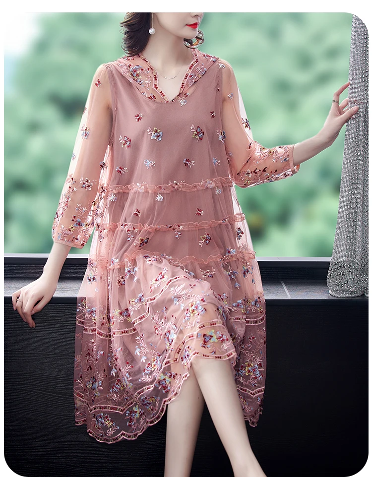 Women Loose Red Floral Mesh Embroidery Midi Dress 2021 Summer Vintage 5XL Plus Size Casual Dress Elegant Bodycon Party Vestidos