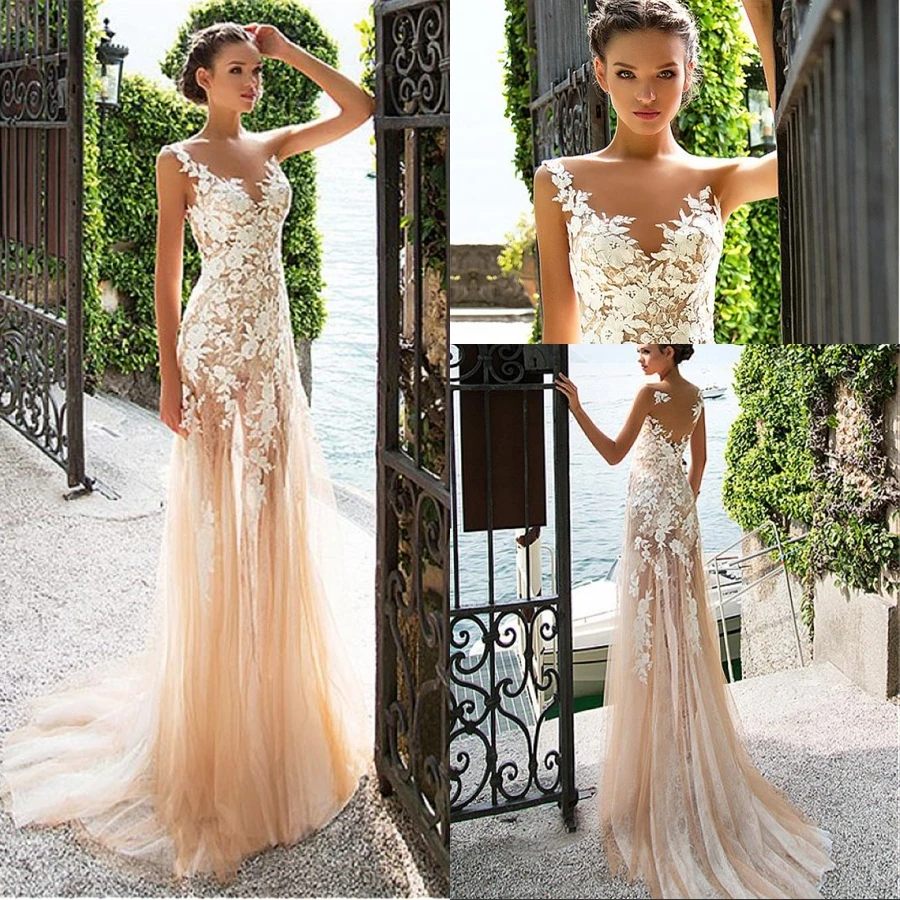 

Sexy Illusion Champage V-neck Sheath Applique Lace Beach Wedding Dress Boho vestido noiva 2021 Bride Dresses