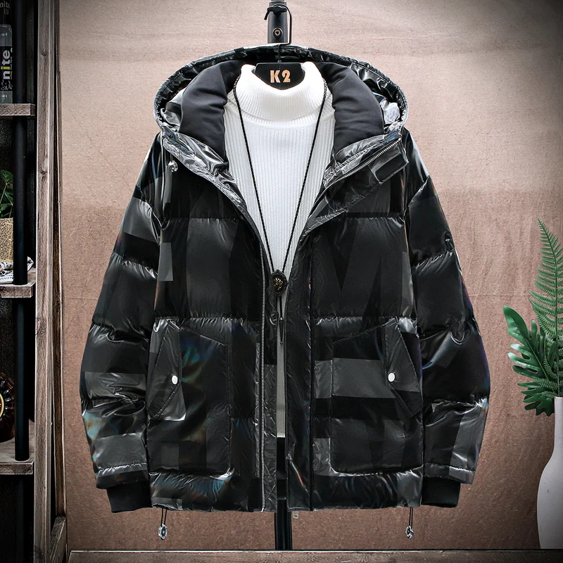 Winter New Bright Shiny Leather Cotton-Padded Jacket Thick Warm Hooded Youth Parkas Waterproof Outwear Tops Coats Trend Clothing