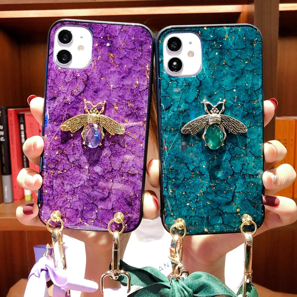 

Luxury 3D Diamond Bee Glitte Phone Case For iPhone 11 12 13 Pro Max XR XS X 6 6s 7 8 Plus SE Marble Cover With Crossbody Lanyard