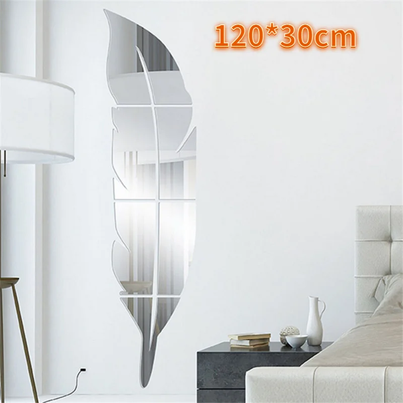 

Mirror Stickers Mirrored Acrylic Sheet Feather Wall Decal Sticker Silver Bedroom Living Room Home Decoration