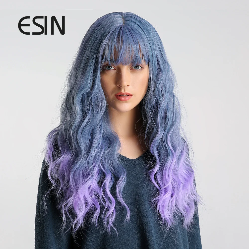 ESIN синие фиолетовые волосы омбре с челкой длинные волнистые синтетические